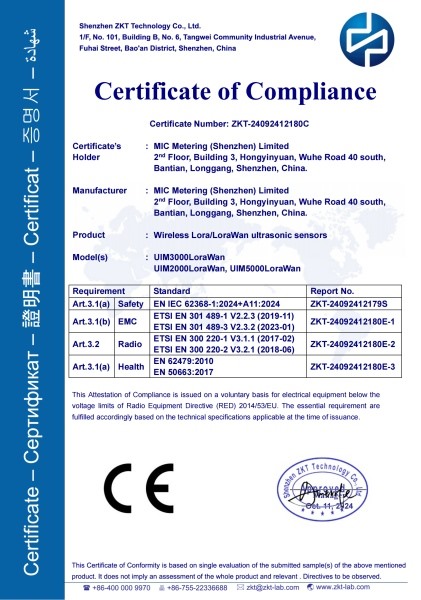 Ultrasonic sensor UlM3000LoraWan 868MHz CE-RED certificate